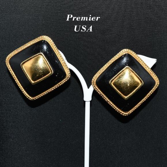 Vintage Premier USA Large Black Enamel Gold Tone Clip Earrings, 1 1/2 Inches - Picture 2 of 10